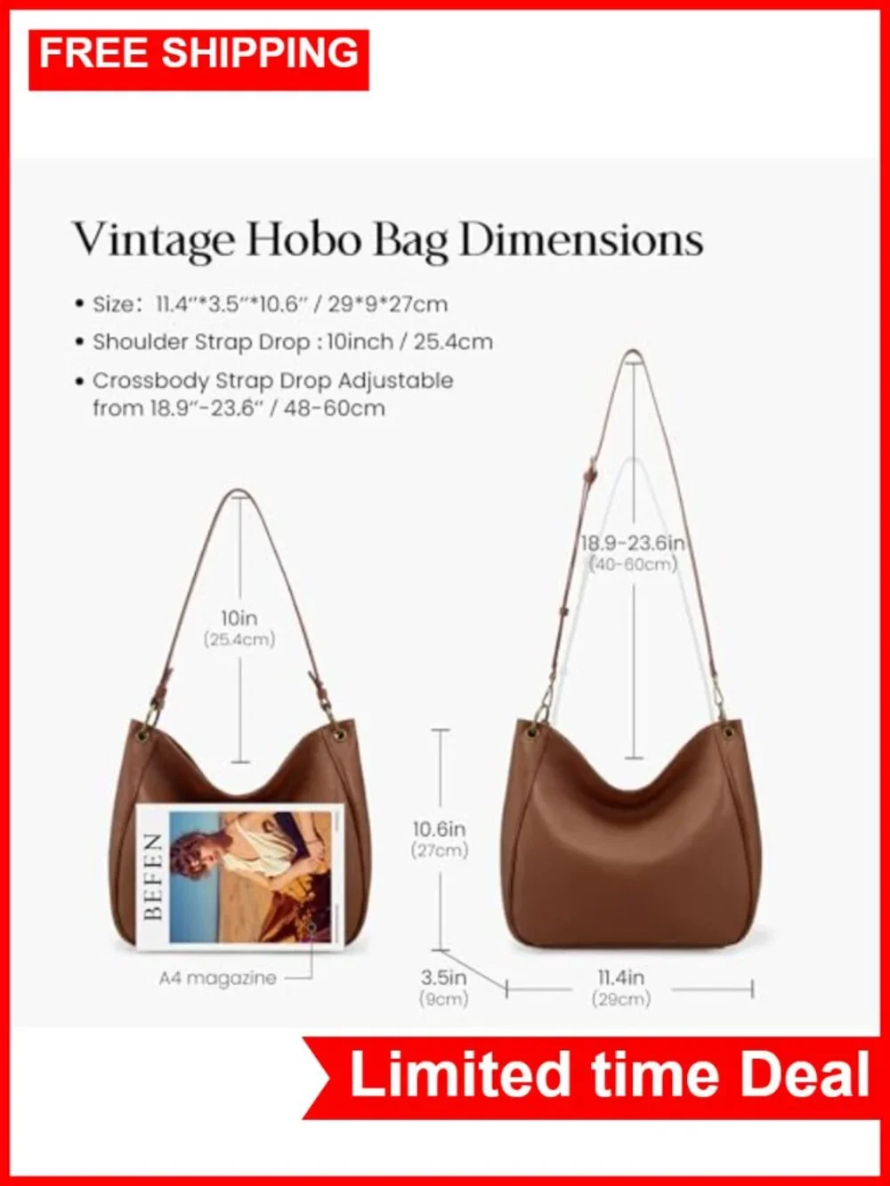 Genuine Leather Hobo Crossbody Bag with 2 Detachable Straps Soft Vintage Purse